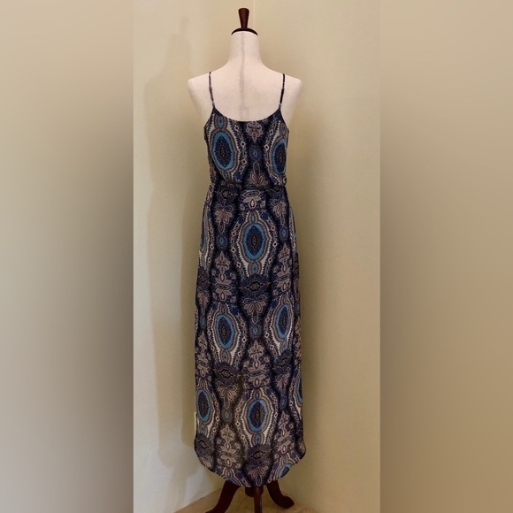 Lush. Faux Wrap High Low Maxi Dress. Blue and Pink Pattern. Small - Picture 9 of 15
